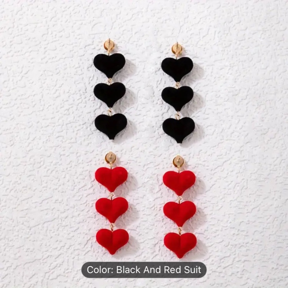 Bundle of two pairs of velvet triple heart drop earrings black and red NWT